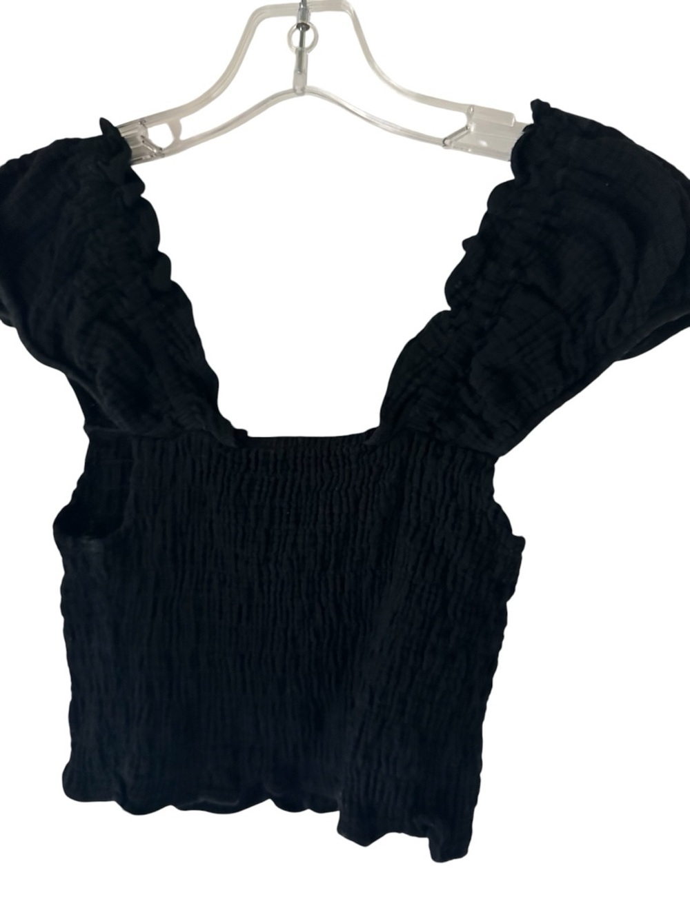 MAJORELLE Black Smocked Puff-Sleeve Crop Top